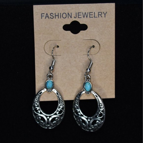 Fashion Jewelry Earrings Silver Filagree Faux Turquoise Drop - Picture 1 of 4